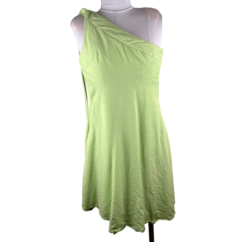Indikah Lime Green Linen-Cotton One-Shoulder Mini Dress XS